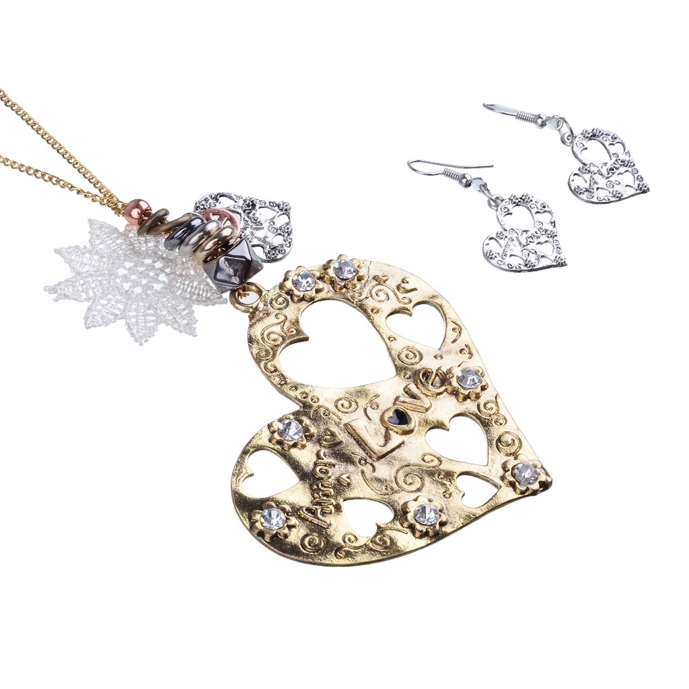Golden Heart Necklace Set w/ Lace & Accent Stones - Picture 1 of 2
